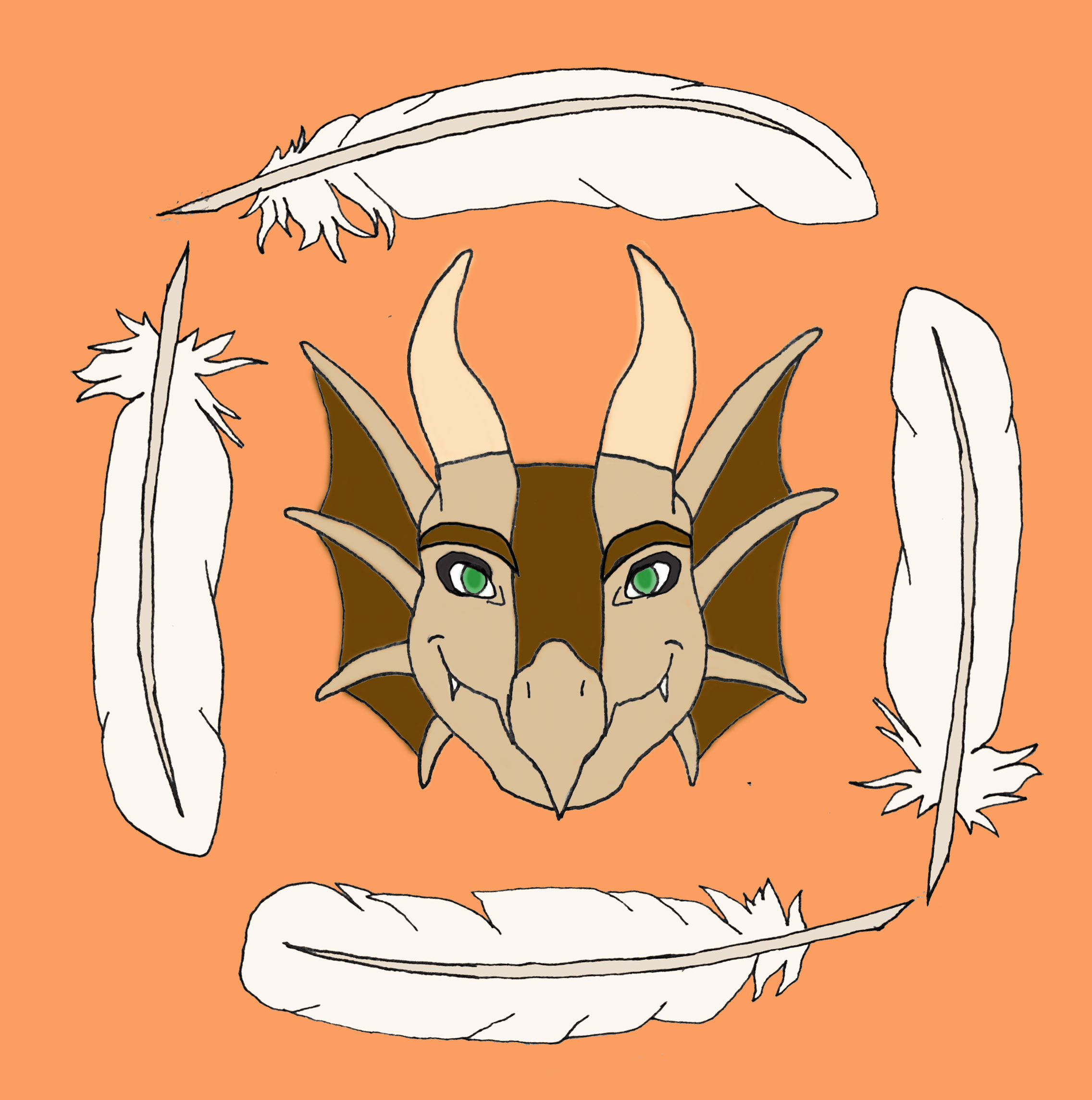 a digital drawing of a dragon head circled by four feathers.