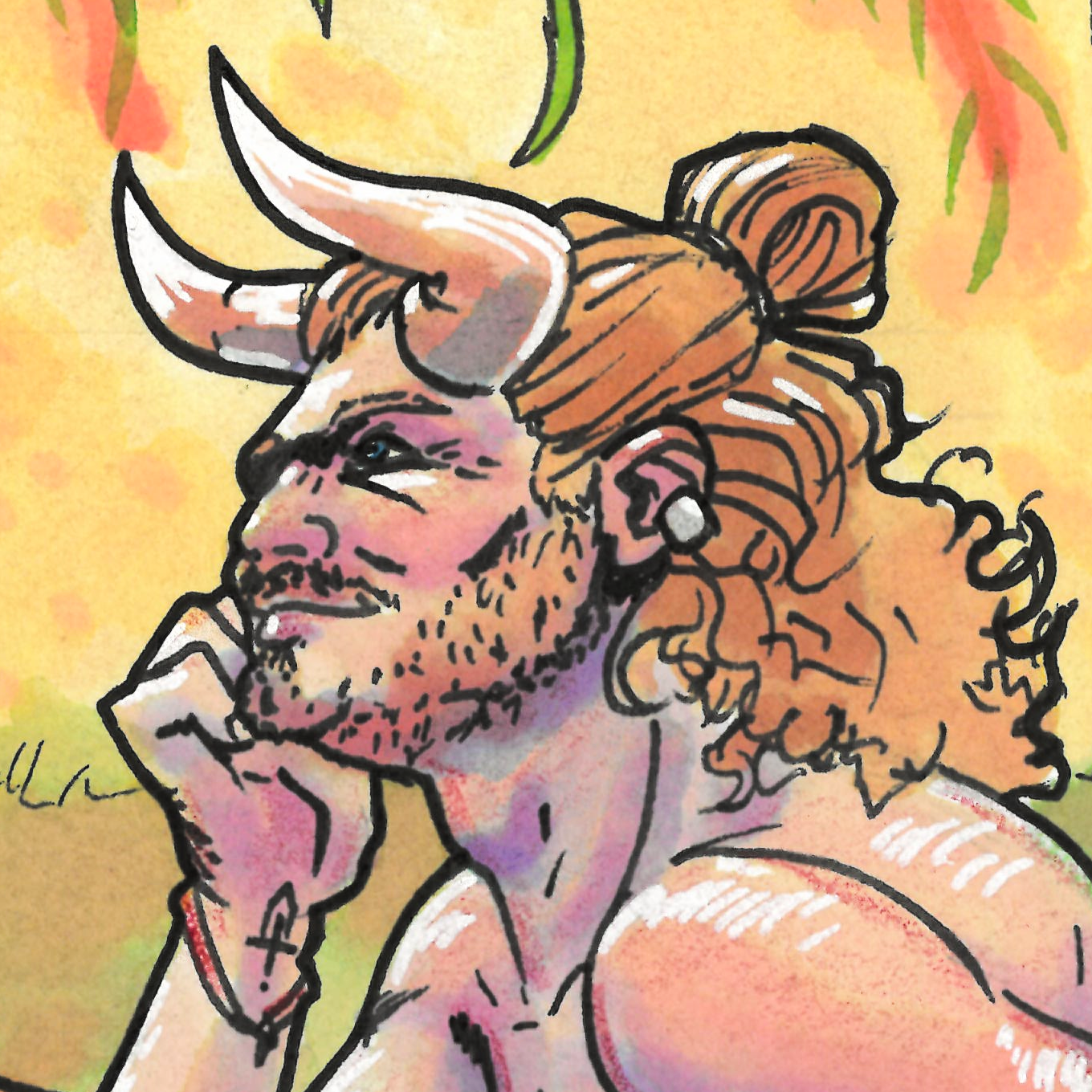 drawing of a horned man resting his chin on his hand