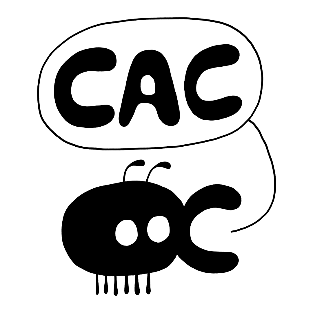 Comix Accountability Club logo: a black cartoon beetle with a speech bubble that says CAC